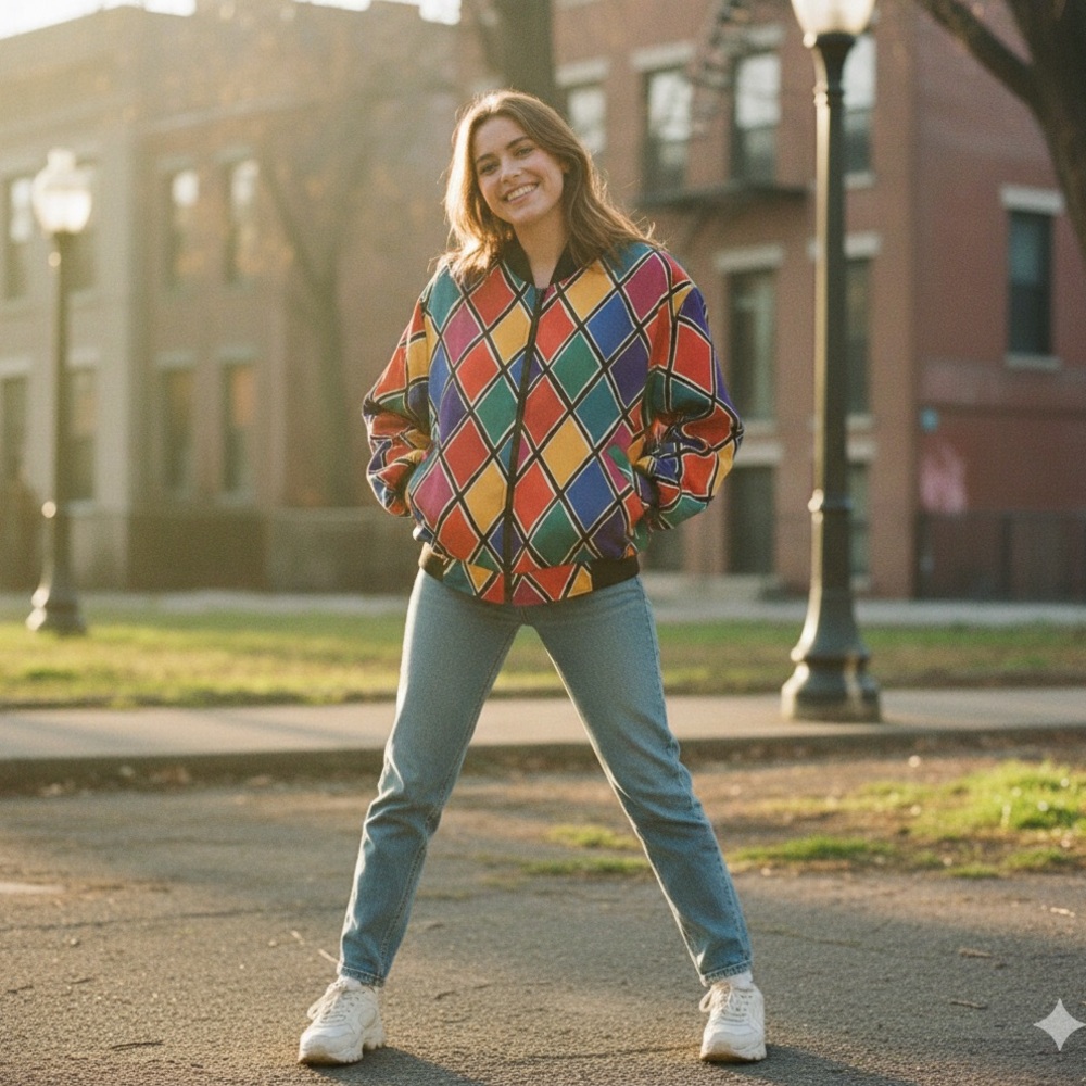 Alia Colorful Diamond Pattern Bomber Vintage Jacket